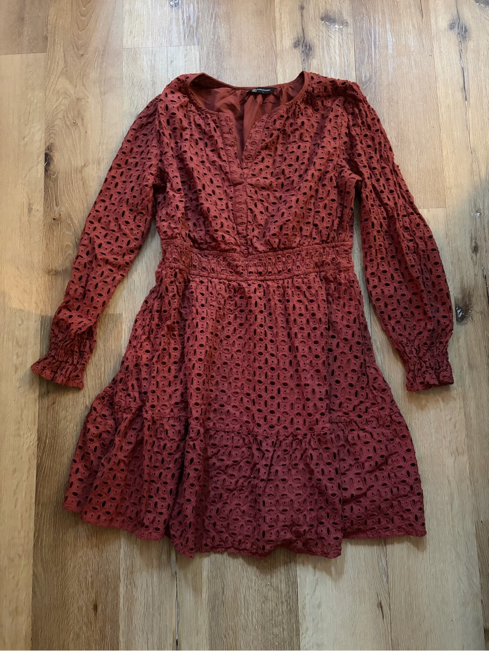 Long Sleeve Eyelet Tiered Dress in Rust Red by Unknown